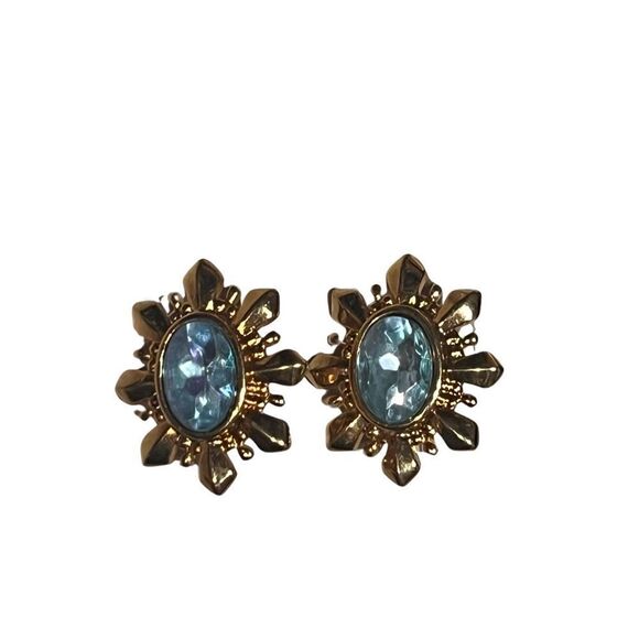 Vintage Avon Gold Tone Starburst Blue Rhinestone Clip On Earrings - Picture 11 of 11